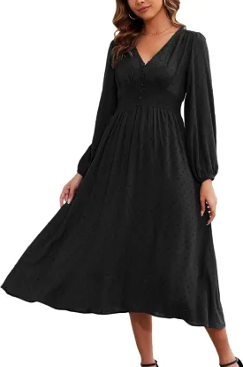 Kormei Women Casual Boho V Neck Long Sleeve Swiss Dot Smocked High Waist A Line Swing Fall Midi Long Dress