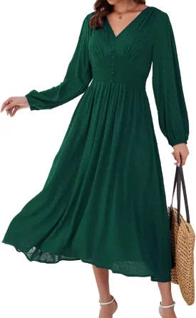 Kormei Women Casual Boho V Neck Long Sleeve Swiss Dot Smocked High Waist A Line Swing Fall Midi Long Dress