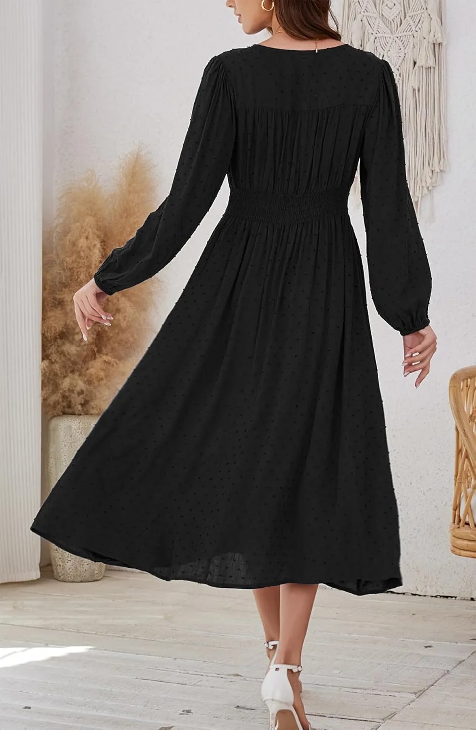 Kormei Women Casual Boho V Neck Long Sleeve Swiss Dot Smocked High Waist A Line Swing Fall Midi Long Dress