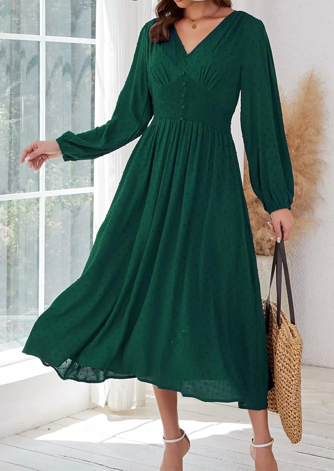Kormei Women Casual Boho V Neck Long Sleeve Swiss Dot Smocked High Waist A Line Swing Fall Midi Long Dress