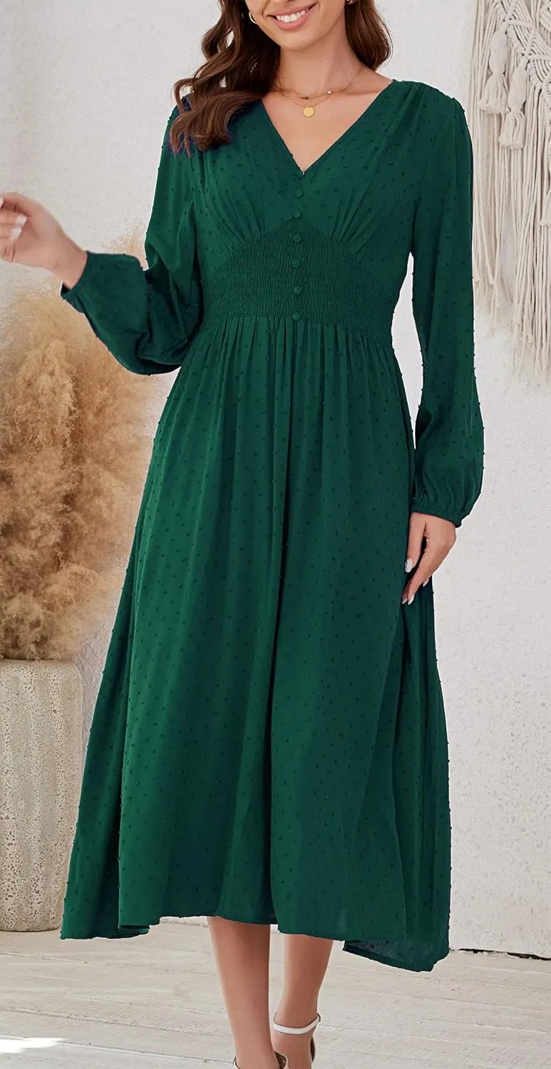 Kormei Women Casual Boho V Neck Long Sleeve Swiss Dot Smocked High Waist A Line Swing Fall Midi Long Dress