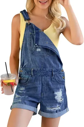 luvamia Women's Ripped Short Overalls Adjustable Denim Bib Overall Shorts Romper