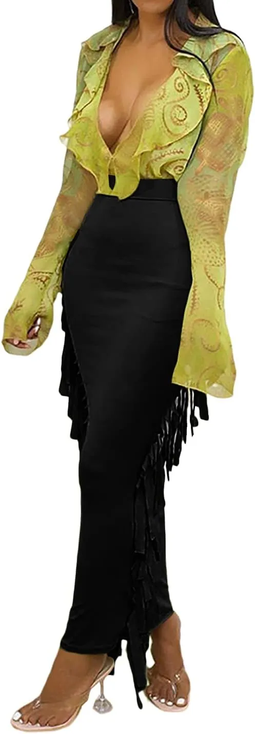 LYANER Women's Fringed Side Tassels Elastic Waist Slim Bodycon Pencil Maxi Skirts