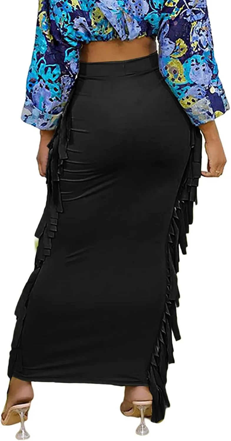 LYANER Women's Fringed Side Tassels Elastic Waist Slim Bodycon Pencil Maxi Skirts