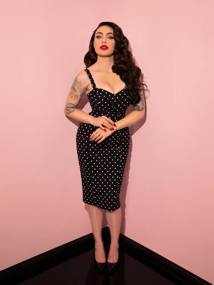 Maneater Wiggle Dress in Black Polka Dot - Vixen by Micheline Pitt