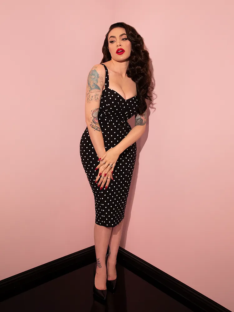 Maneater Wiggle Dress in Black Polka Dot - Vixen by Micheline Pitt
