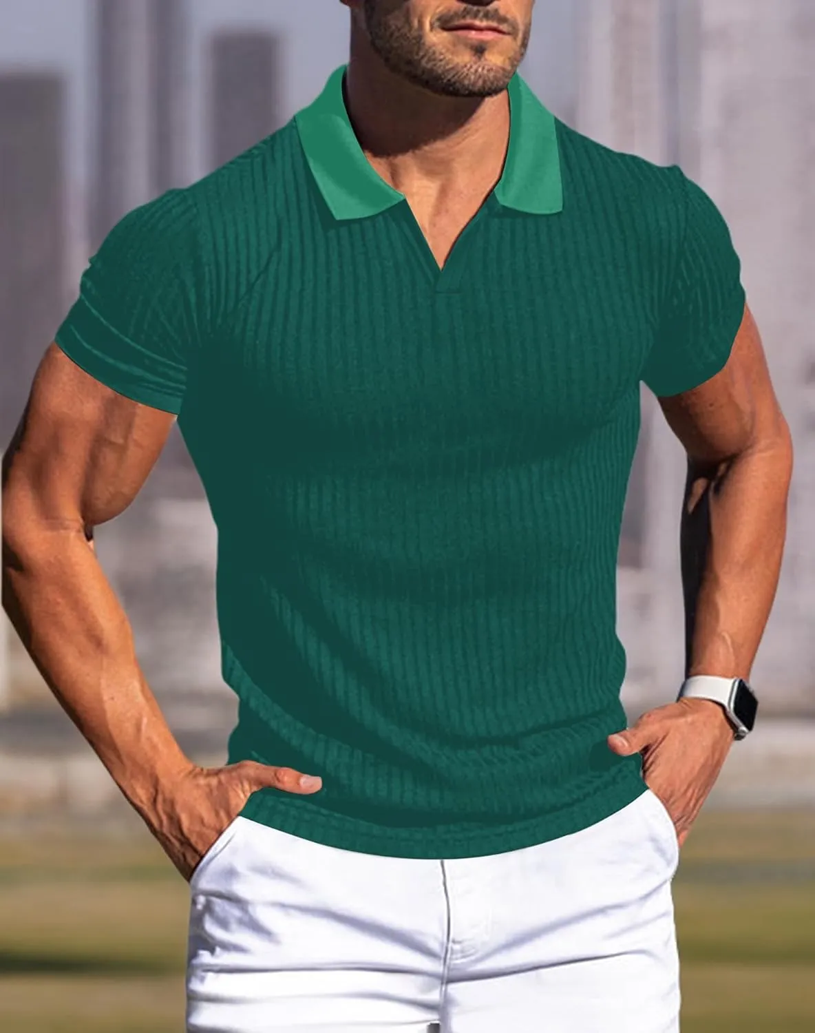 Mens V Neck Muscle Polo Shirts Slim Fit Short Sleeve Ribbed Polo T Shirt Stretch Golf Tees