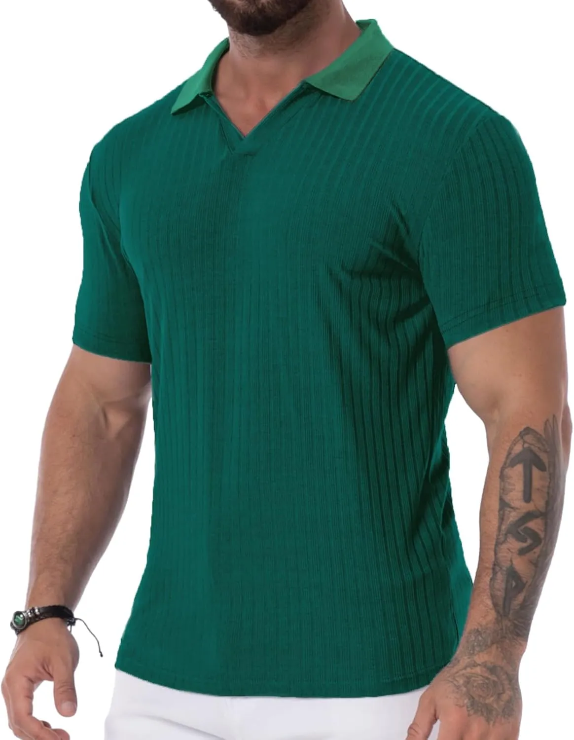 Mens V Neck Muscle Polo Shirts Slim Fit Short Sleeve Ribbed Polo T Shirt Stretch Golf Tees