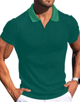 Mens V Neck Muscle Polo Shirts Slim Fit Short Sleeve Ribbed Polo T Shirt Stretch Golf Tees