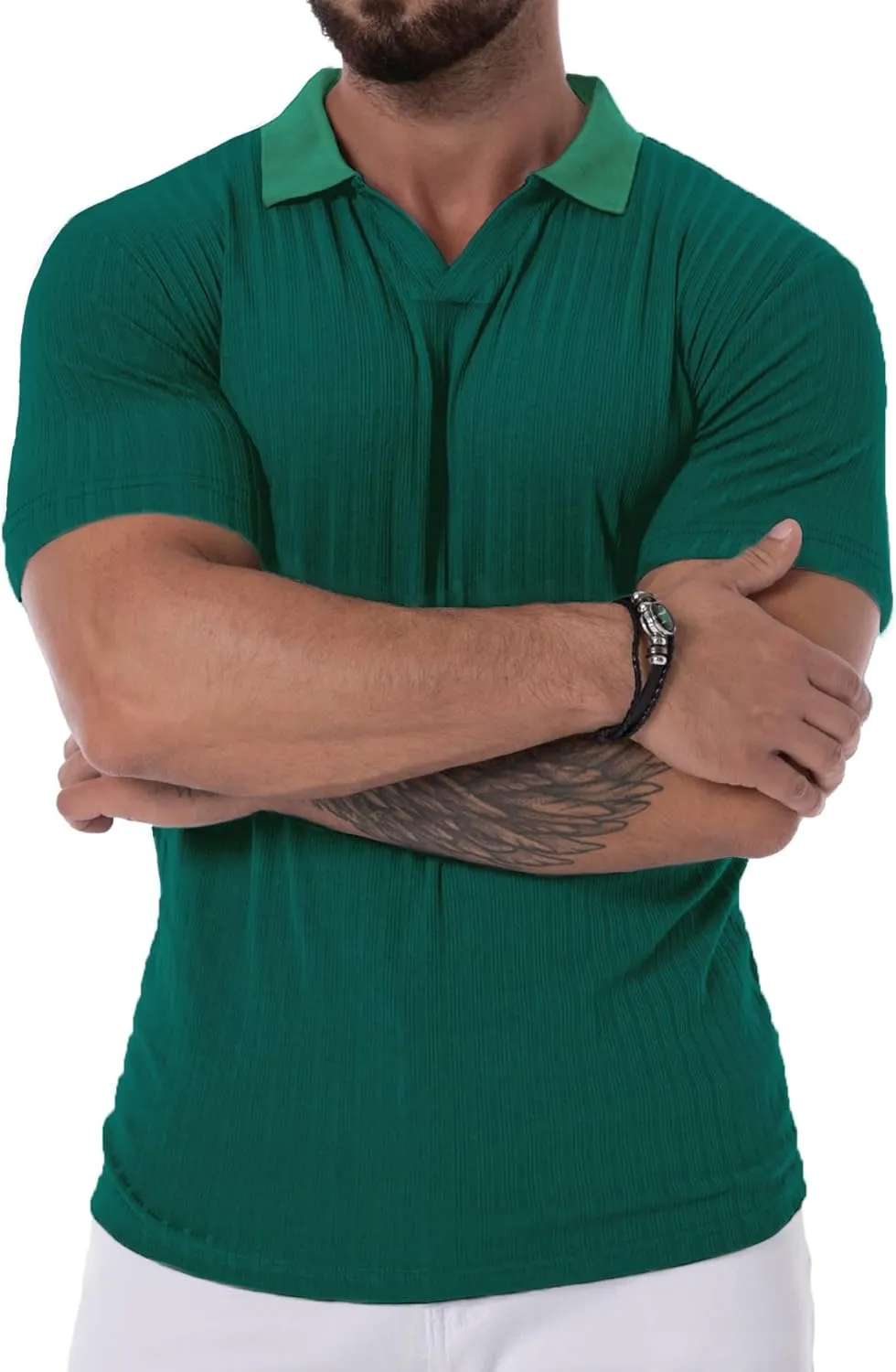 Mens V Neck Muscle Polo Shirts Slim Fit Short Sleeve Ribbed Polo T Shirt Stretch Golf Tees