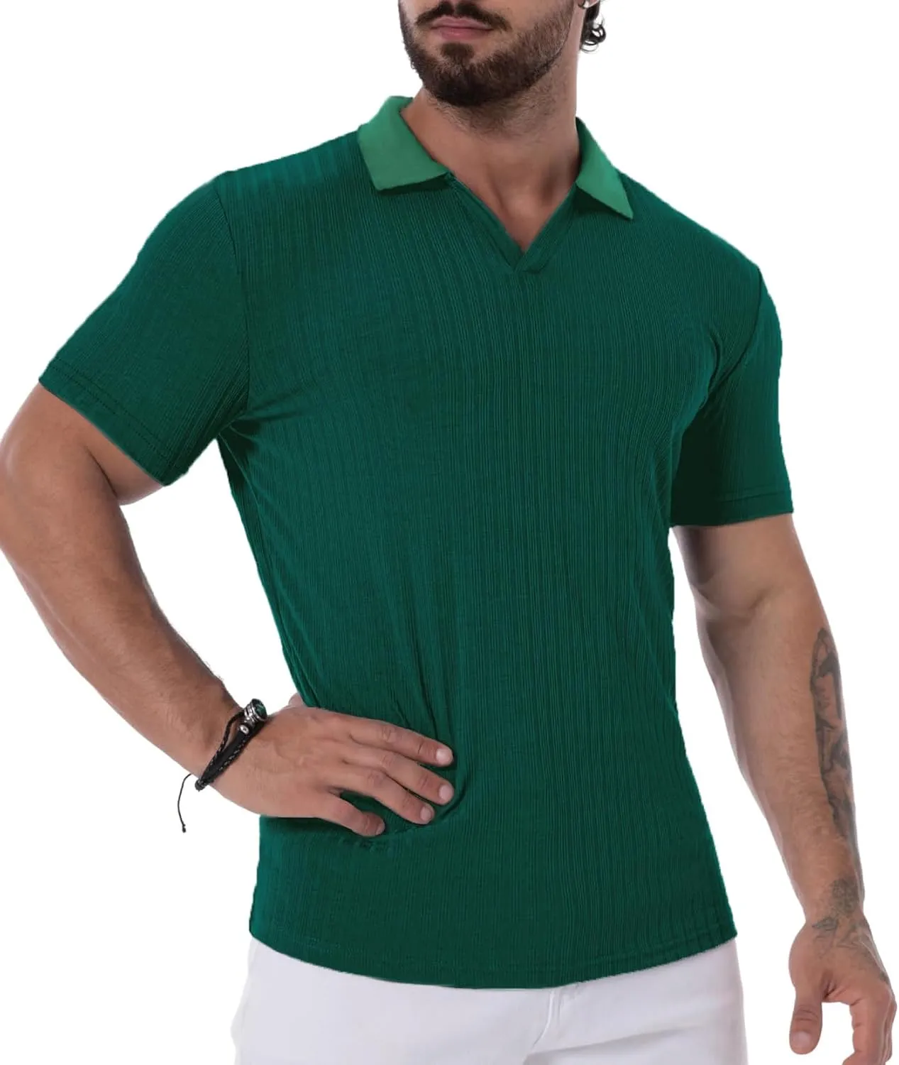 Mens V Neck Muscle Polo Shirts Slim Fit Short Sleeve Ribbed Polo T Shirt Stretch Golf Tees