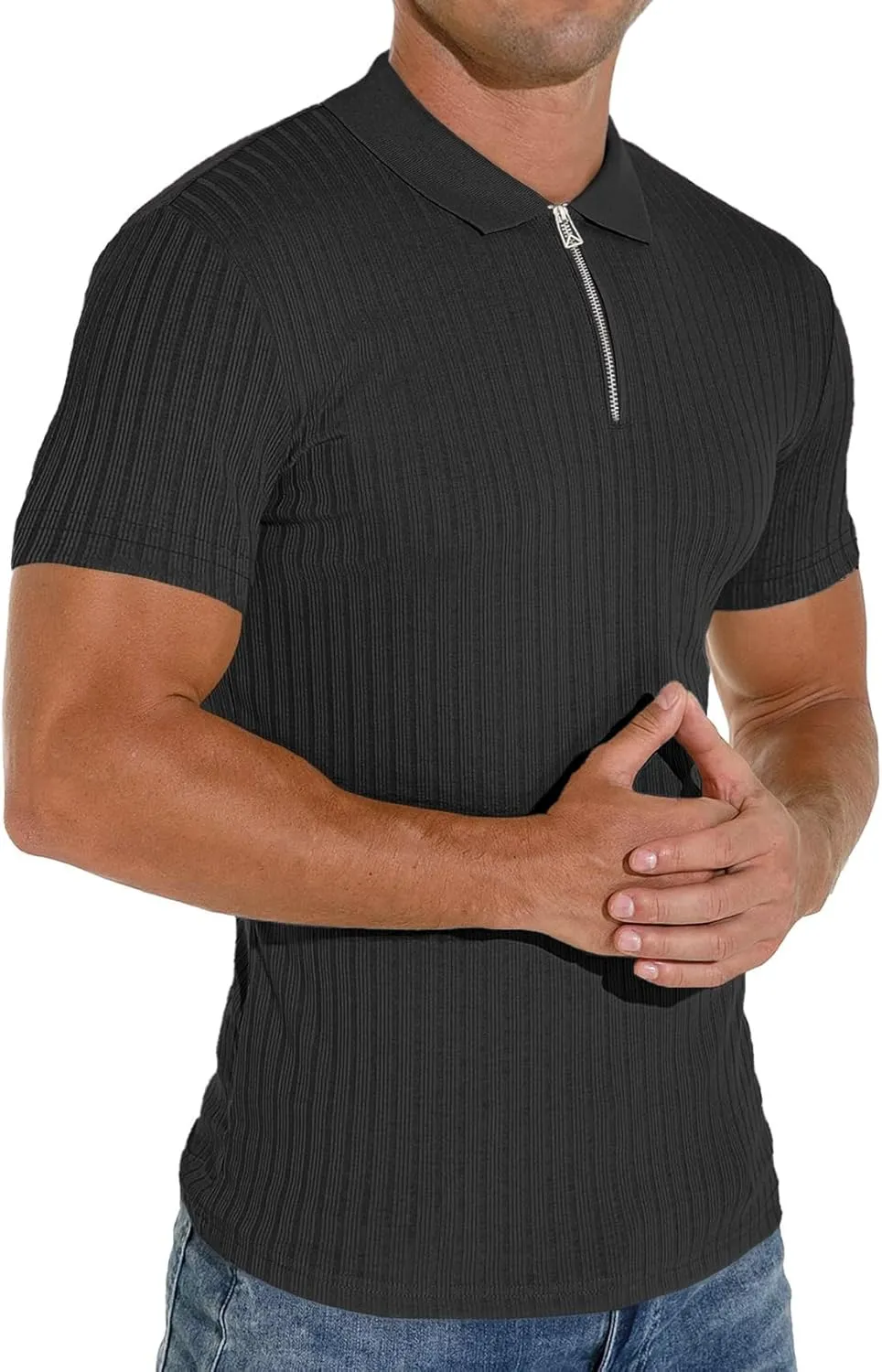 Men's Zip Polo Shirts Short Sleeve Slim Fit Ribbed Muscle Shirt Fashion Golf Tees