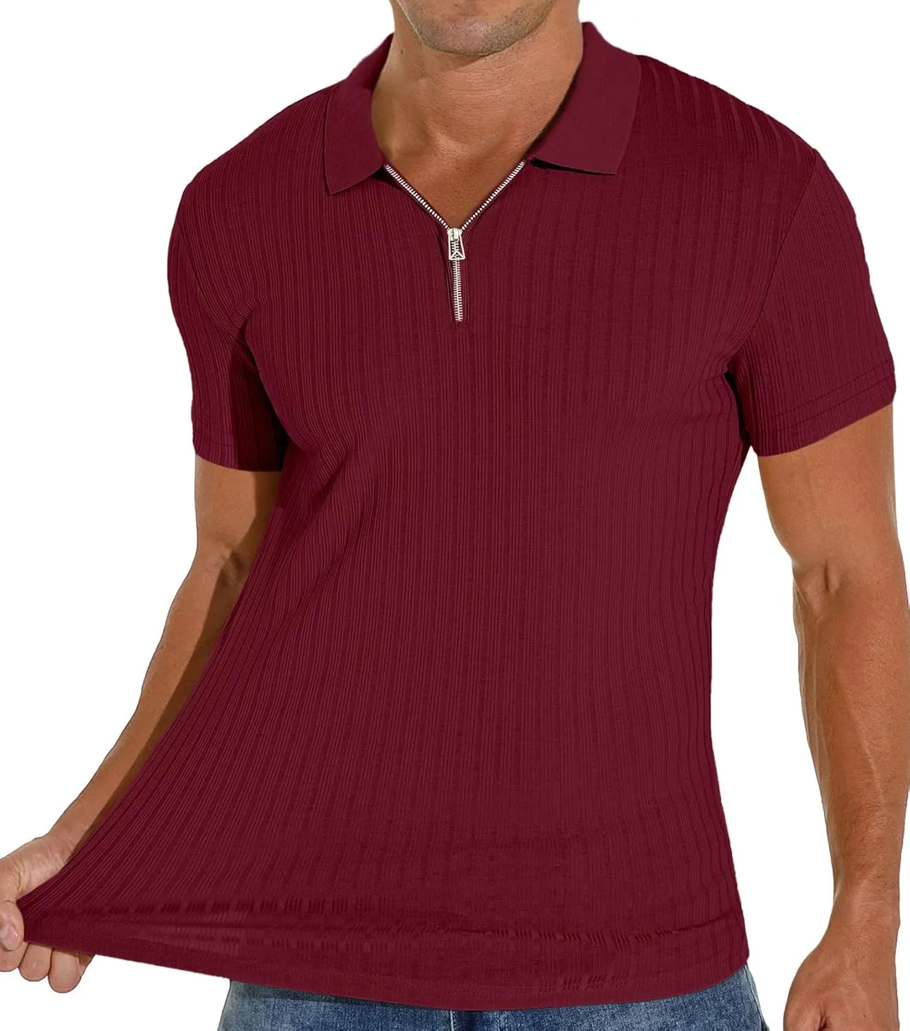Men's Zip Polo Shirts Short Sleeve Slim Fit Ribbed Muscle Shirt Fashion Golf Tees