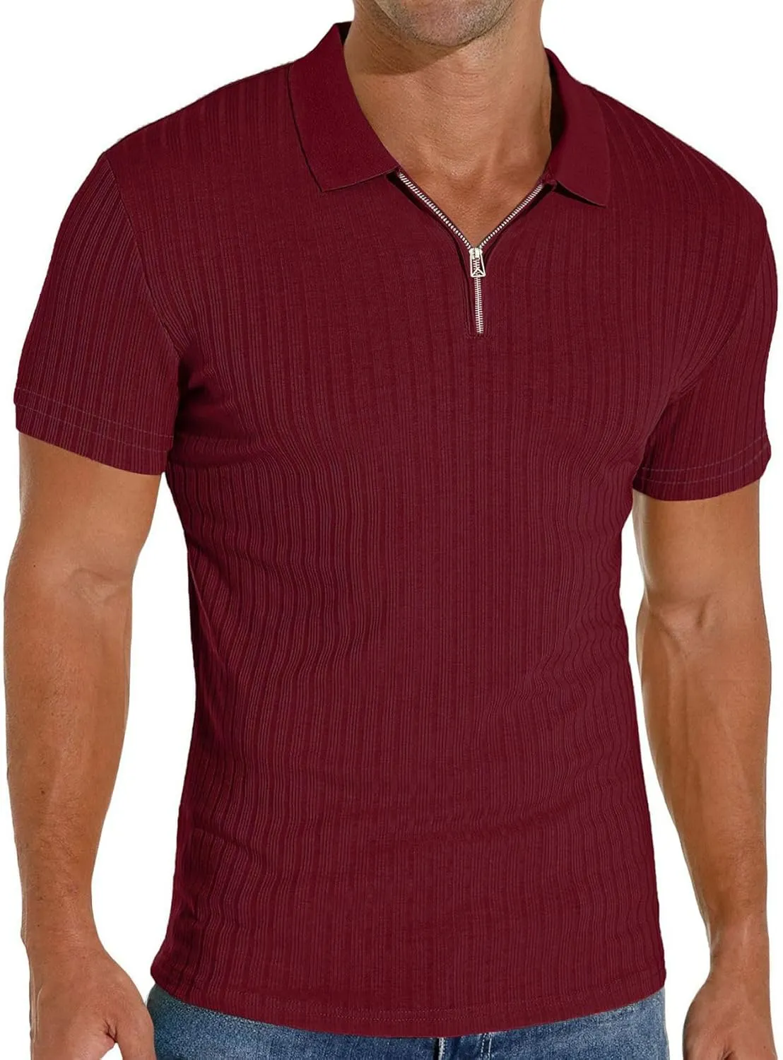 Men's Zip Polo Shirts Short Sleeve Slim Fit Ribbed Muscle Shirt Fashion Golf Tees