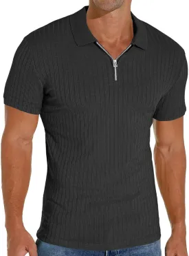 Men's Zip Polo Shirts Short Sleeve Slim Fit Ribbed Muscle Shirt Fashion Golf Tees