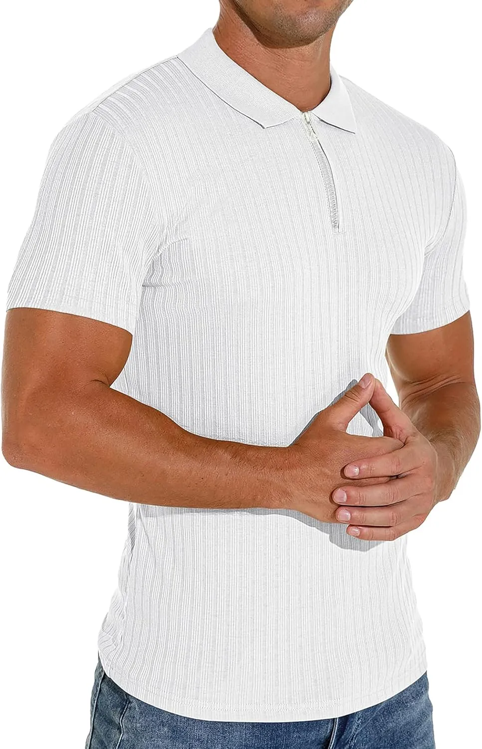 Men's Zip Polo Shirts Short Sleeve Slim Fit Ribbed Muscle Shirt Fashion Golf Tees