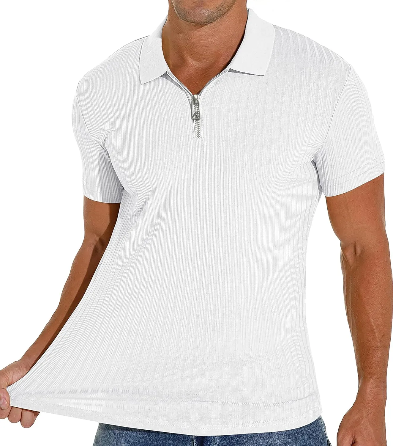 Men's Zip Polo Shirts Short Sleeve Slim Fit Ribbed Muscle Shirt Fashion Golf Tees