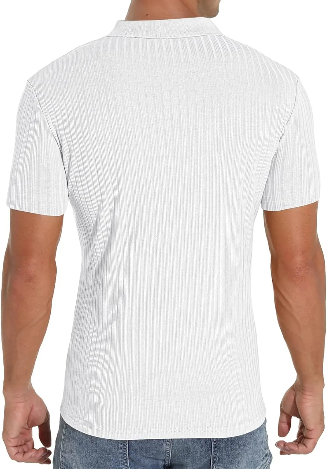 Men's Zip Polo Shirts Short Sleeve Slim Fit Ribbed Muscle Shirt Fashion Golf Tees