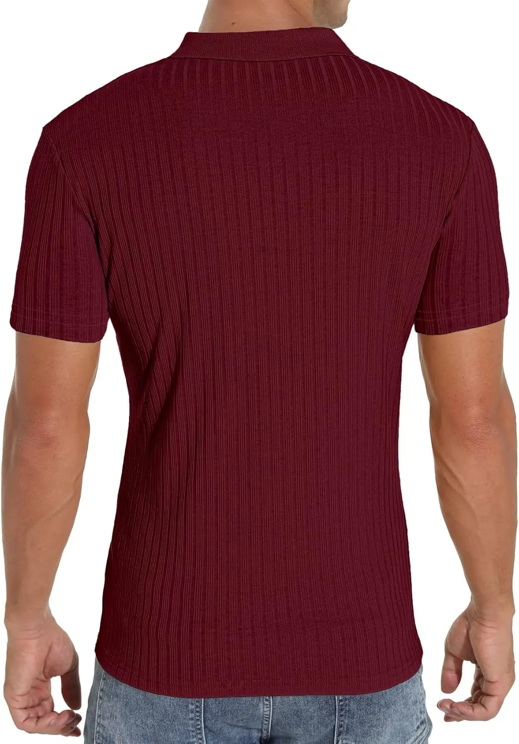 Men's Zip Polo Shirts Short Sleeve Slim Fit Ribbed Muscle Shirt Fashion Golf Tees