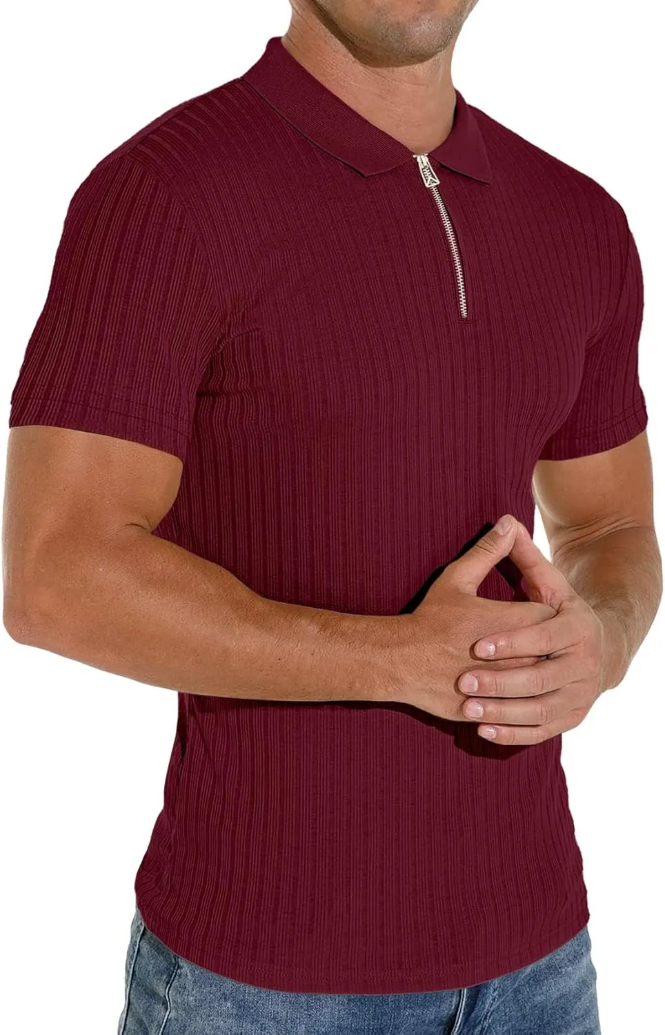 Men's Zip Polo Shirts Short Sleeve Slim Fit Ribbed Muscle Shirt Fashion Golf Tees