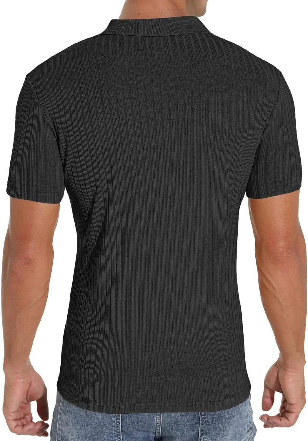 Men's Zip Polo Shirts Short Sleeve Slim Fit Ribbed Muscle Shirt Fashion Golf Tees