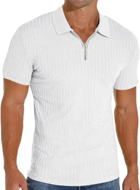 Men's Zip Polo Shirts Short Sleeve Slim Fit Ribbed Muscle Shirt Fashion Golf Tees