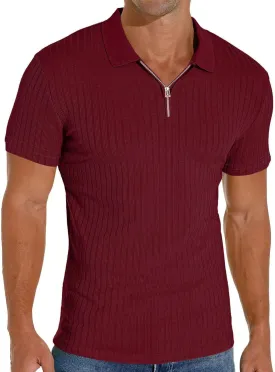 Men's Zip Polo Shirts Short Sleeve Slim Fit Ribbed Muscle Shirt Fashion Golf Tees
