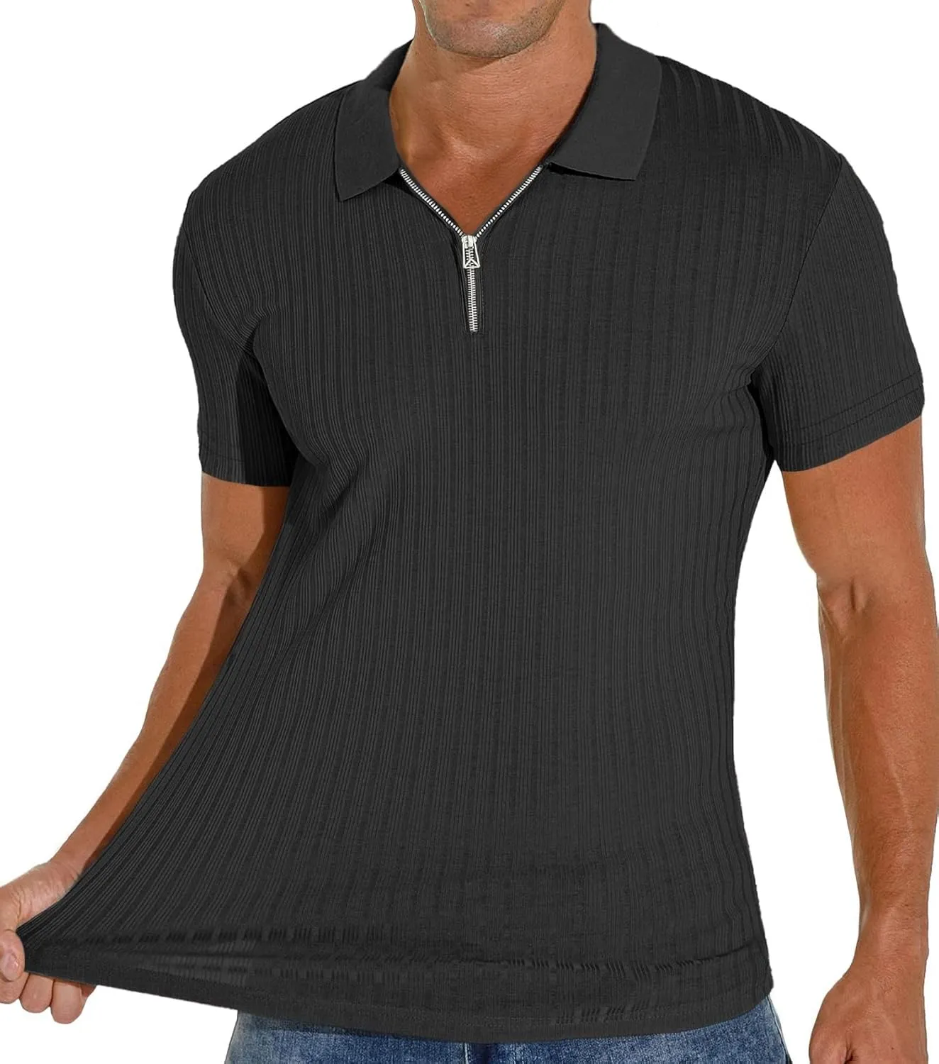Men's Zip Polo Shirts Short Sleeve Slim Fit Ribbed Muscle Shirt Fashion Golf Tees