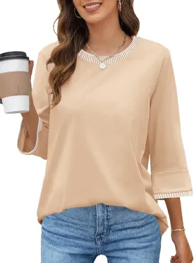 MEROKEETY Women's 3/4 Length Sleeve Tops Dressy Casual Crew Neck Loose Trendy Spring Blouses T Shirts
