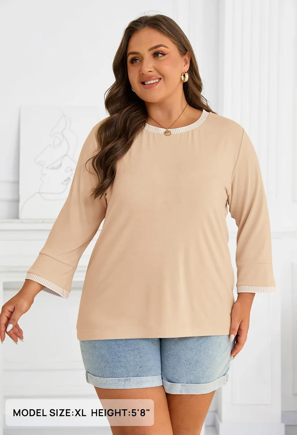 MEROKEETY Women's 3/4 Length Sleeve Tops Dressy Casual Crew Neck Loose Trendy Spring Blouses T Shirts