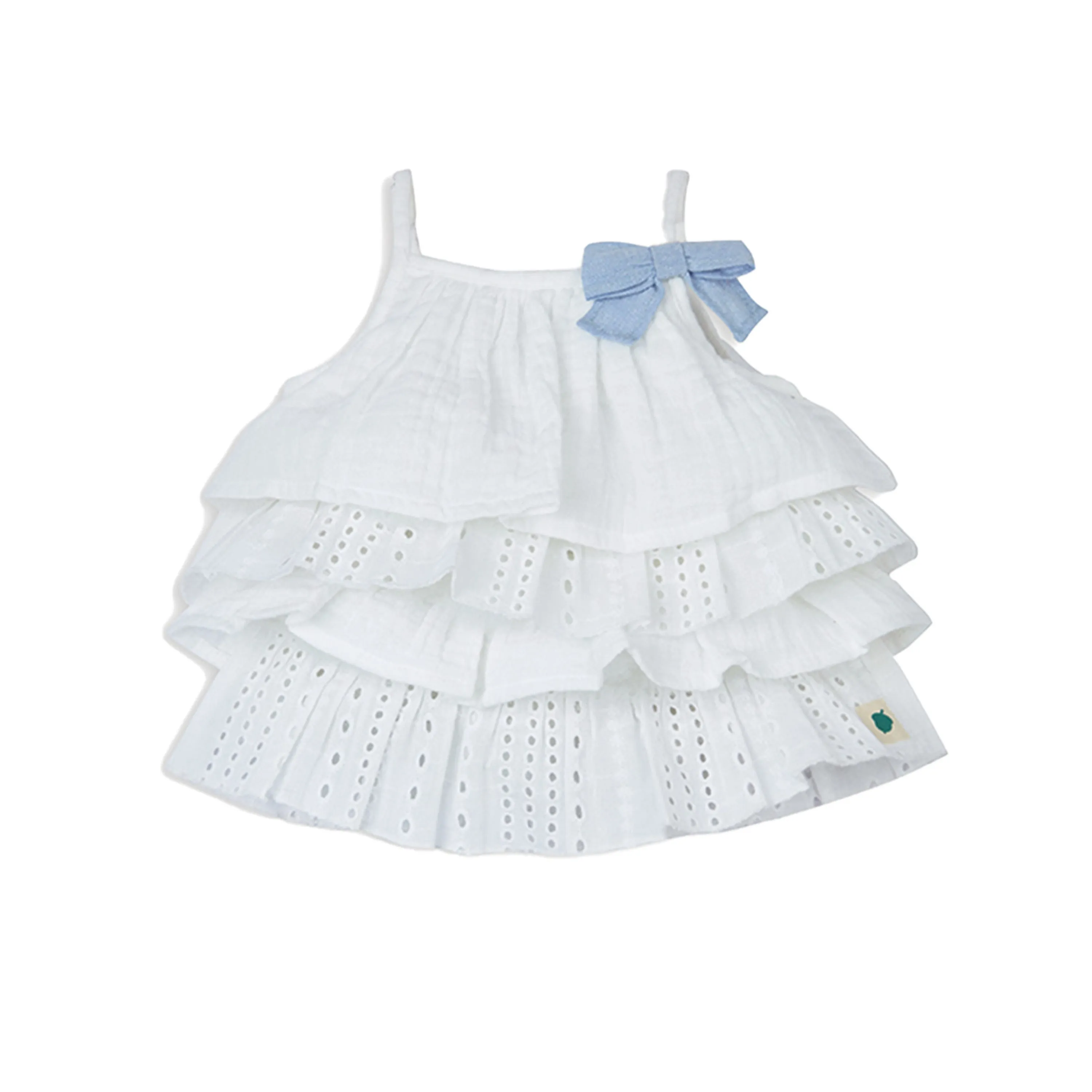 Mia Sky Tiered Top in Eyelet & Double Cloth with Chambray Shorts Set - White & Blue