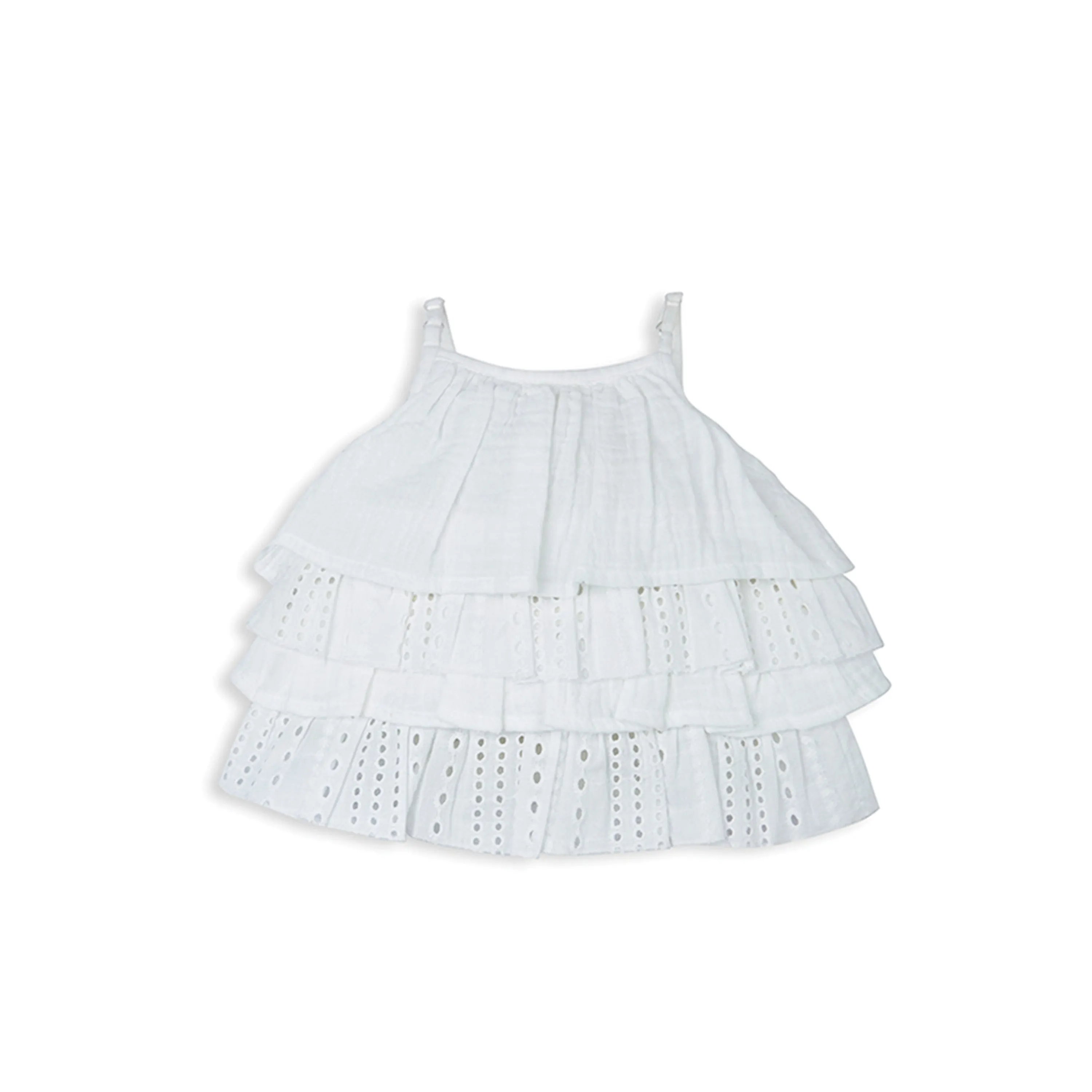 Mia Sky Tiered Top in Eyelet & Double Cloth with Chambray Shorts Set - White & Blue