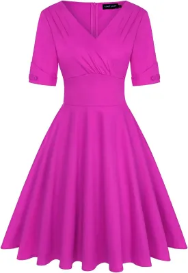 MINTLIMIT Women's 1950s Vintage Wrap V Neck Half Sleeve Retro Cocktail Swing Dress Plain A-line Dresses