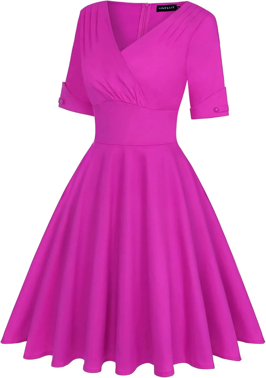 MINTLIMIT Women's 1950s Vintage Wrap V Neck Half Sleeve Retro Cocktail Swing Dress Plain A-line Dresses