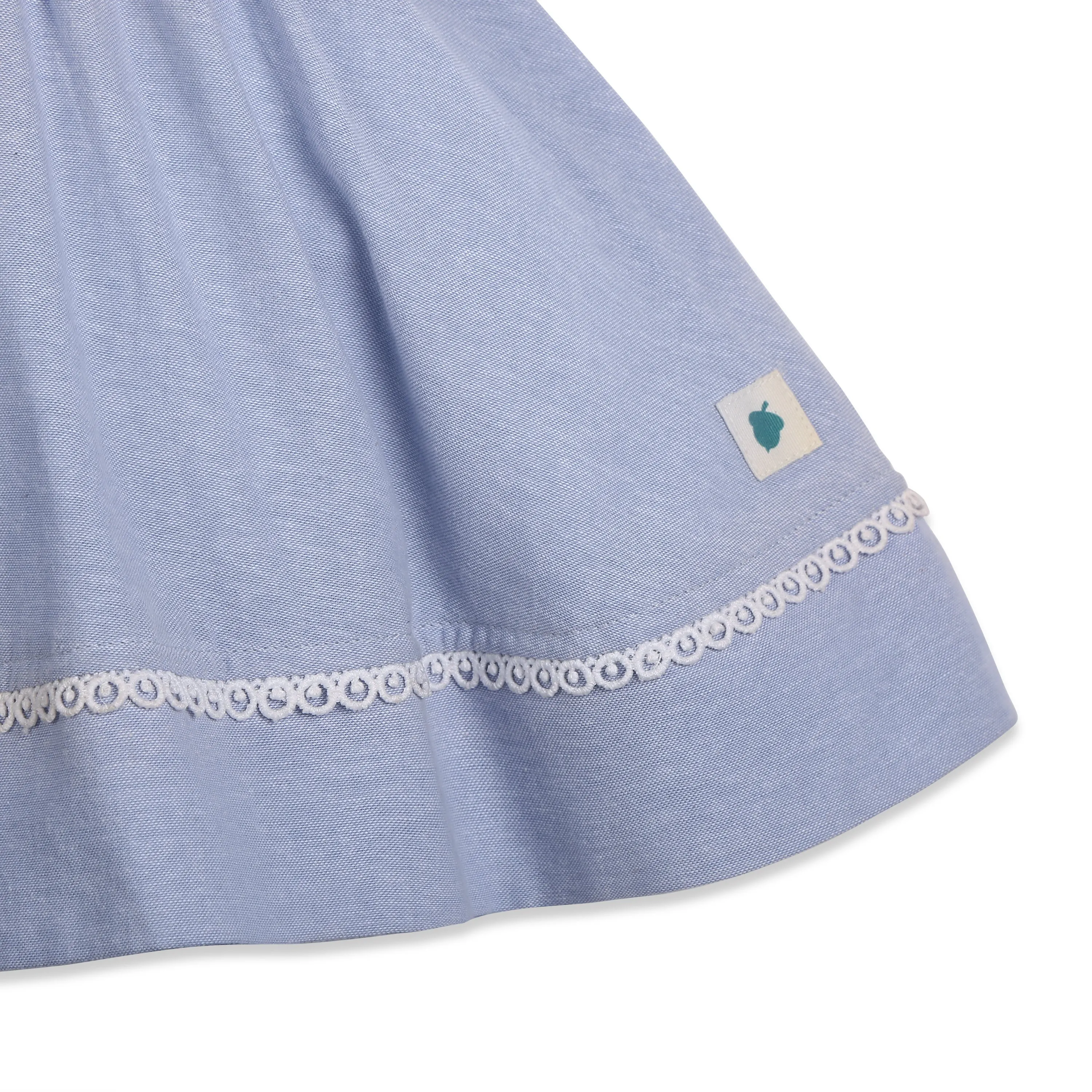 My Milestones Celeste Sky Pure Cotton Eyelet & Oxford Chambray Flared Dress with Lace Detail - White & Blue
