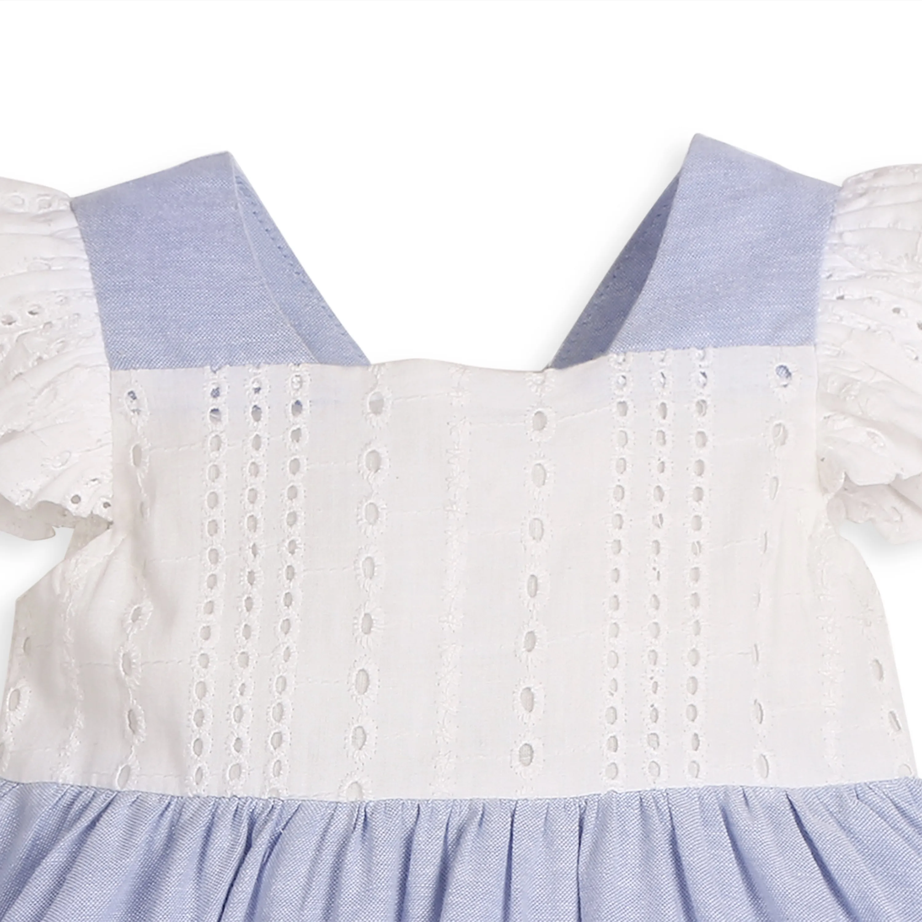 My Milestones Celeste Sky Pure Cotton Eyelet & Oxford Chambray Flared Dress with Lace Detail - White & Blue