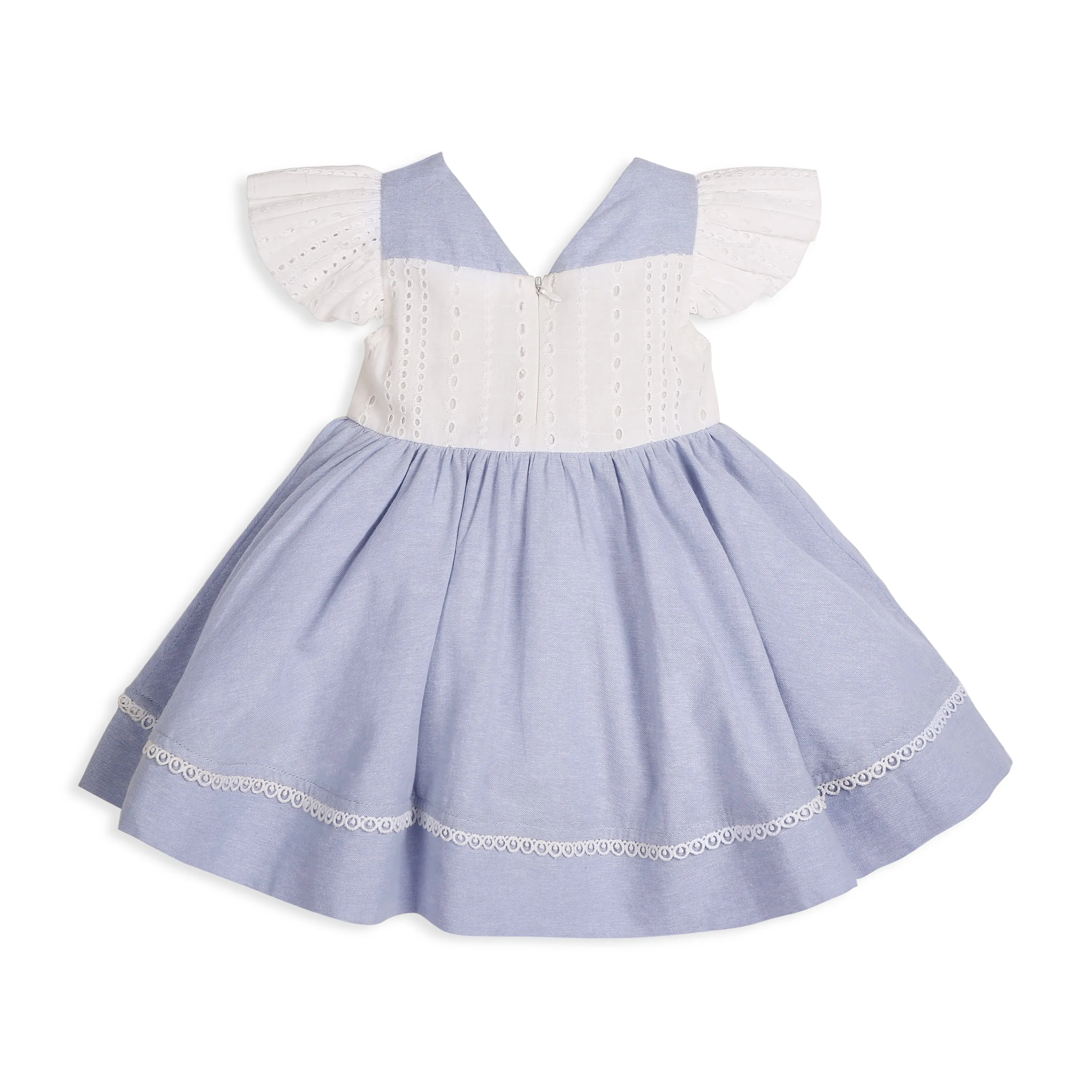 My Milestones Celeste Sky Pure Cotton Eyelet & Oxford Chambray Flared Dress with Lace Detail - White & Blue