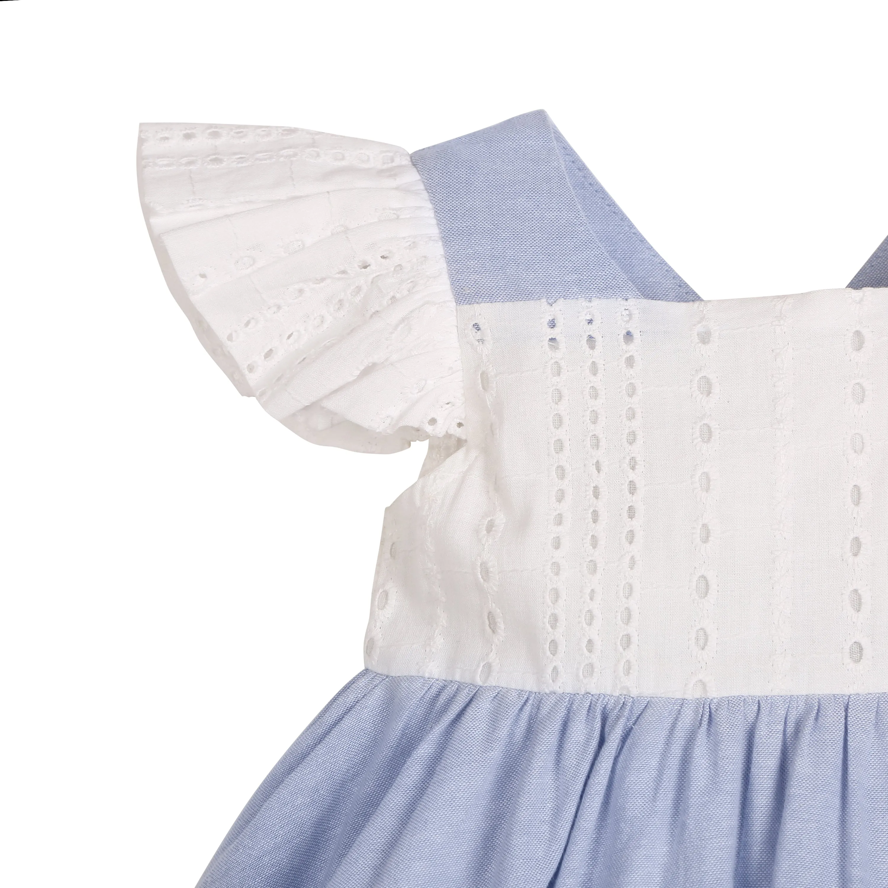 My Milestones Celeste Sky Pure Cotton Eyelet & Oxford Chambray Flared Dress with Lace Detail - White & Blue