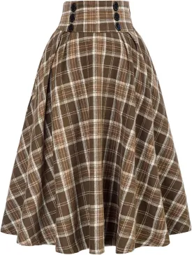 Pencil Skirts for Women Knee Length Plus Size Women Fashion Casual Plaid SkirtWith Pockets Vintage High Waist