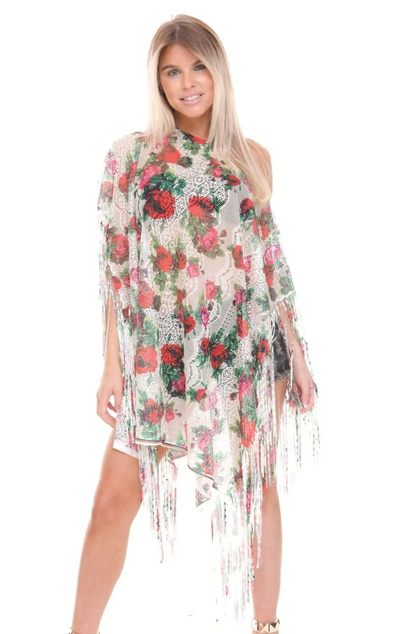 Pink Blue White Flower Lace Tassel Holiday Kaftan