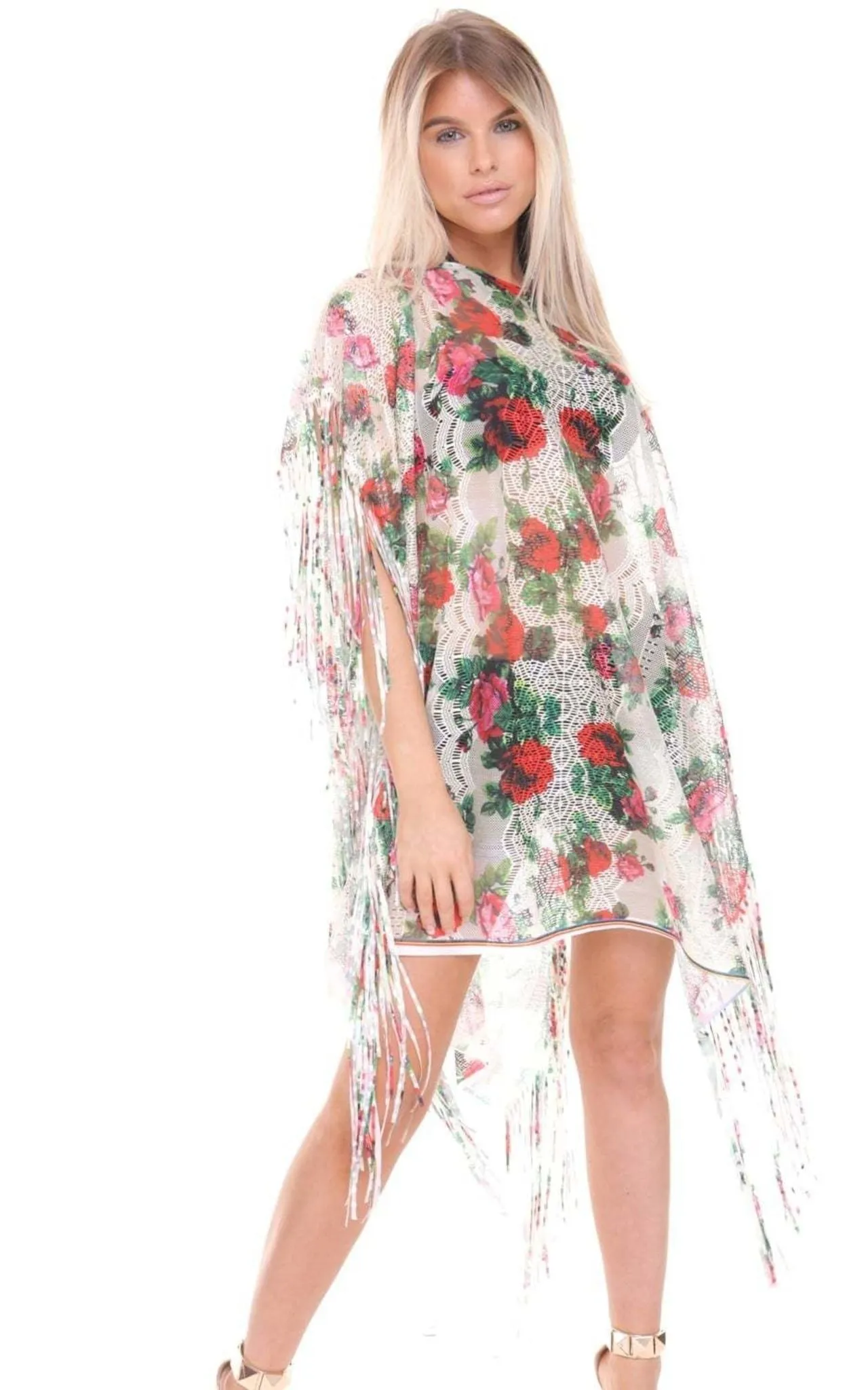 Pink Blue White Flower Lace Tassel Holiday Kaftan