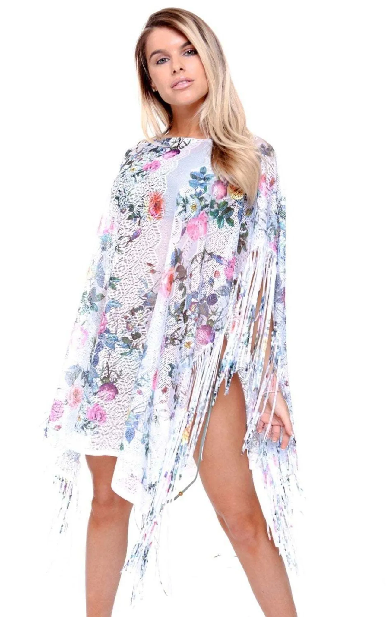 Pink Blue White Flower Lace Tassel Holiday Kaftan