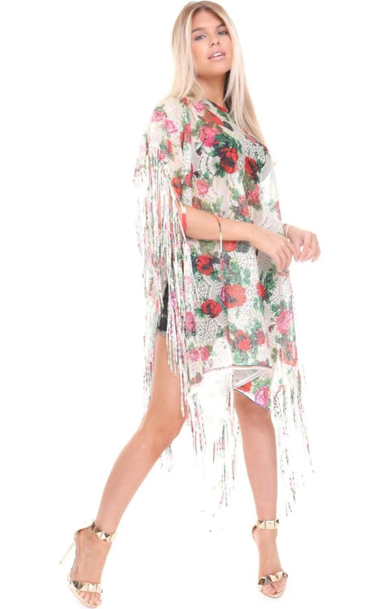 Pink Blue White Flower Lace Tassel Holiday Kaftan