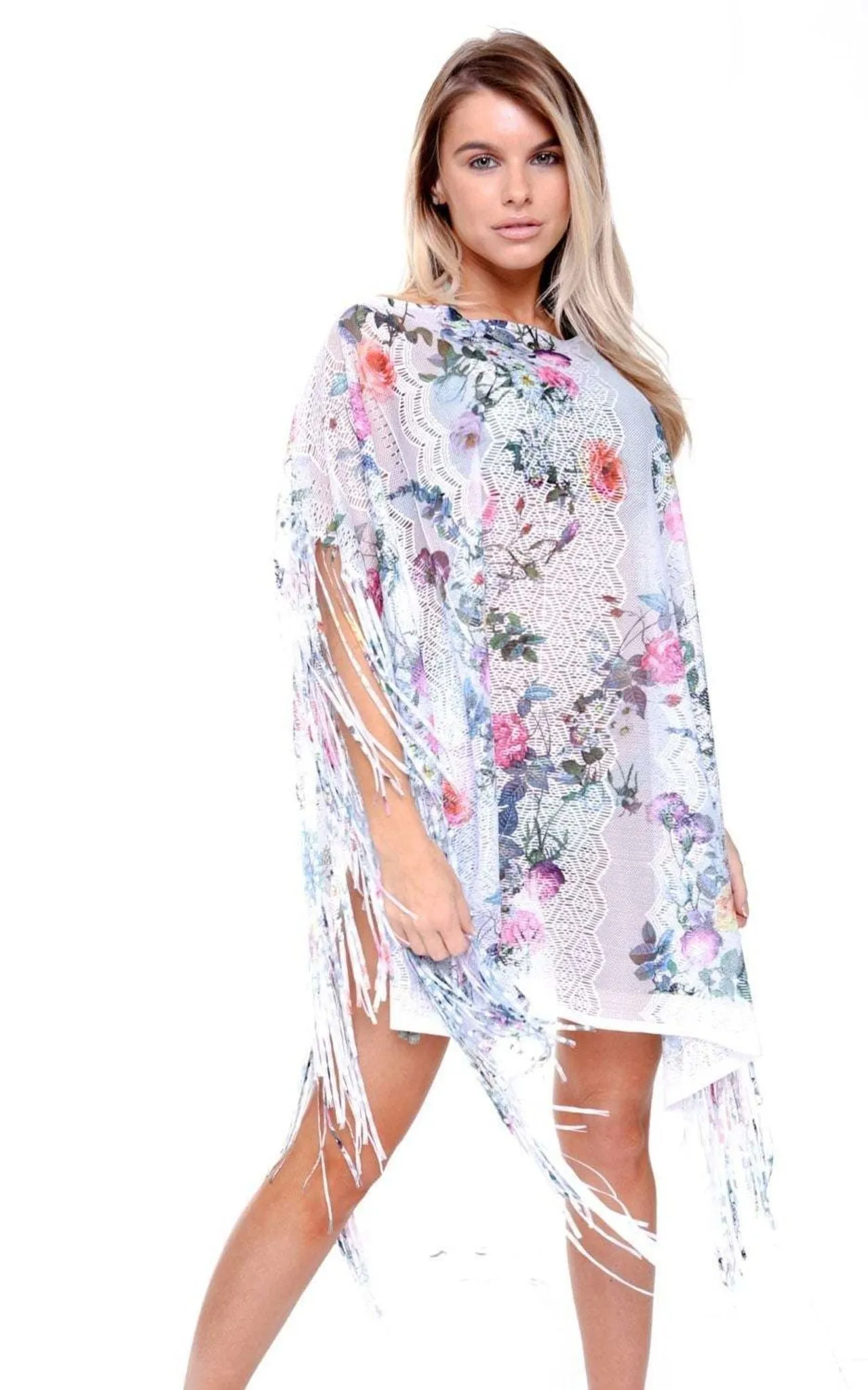 Pink Blue White Flower Lace Tassel Holiday Kaftan