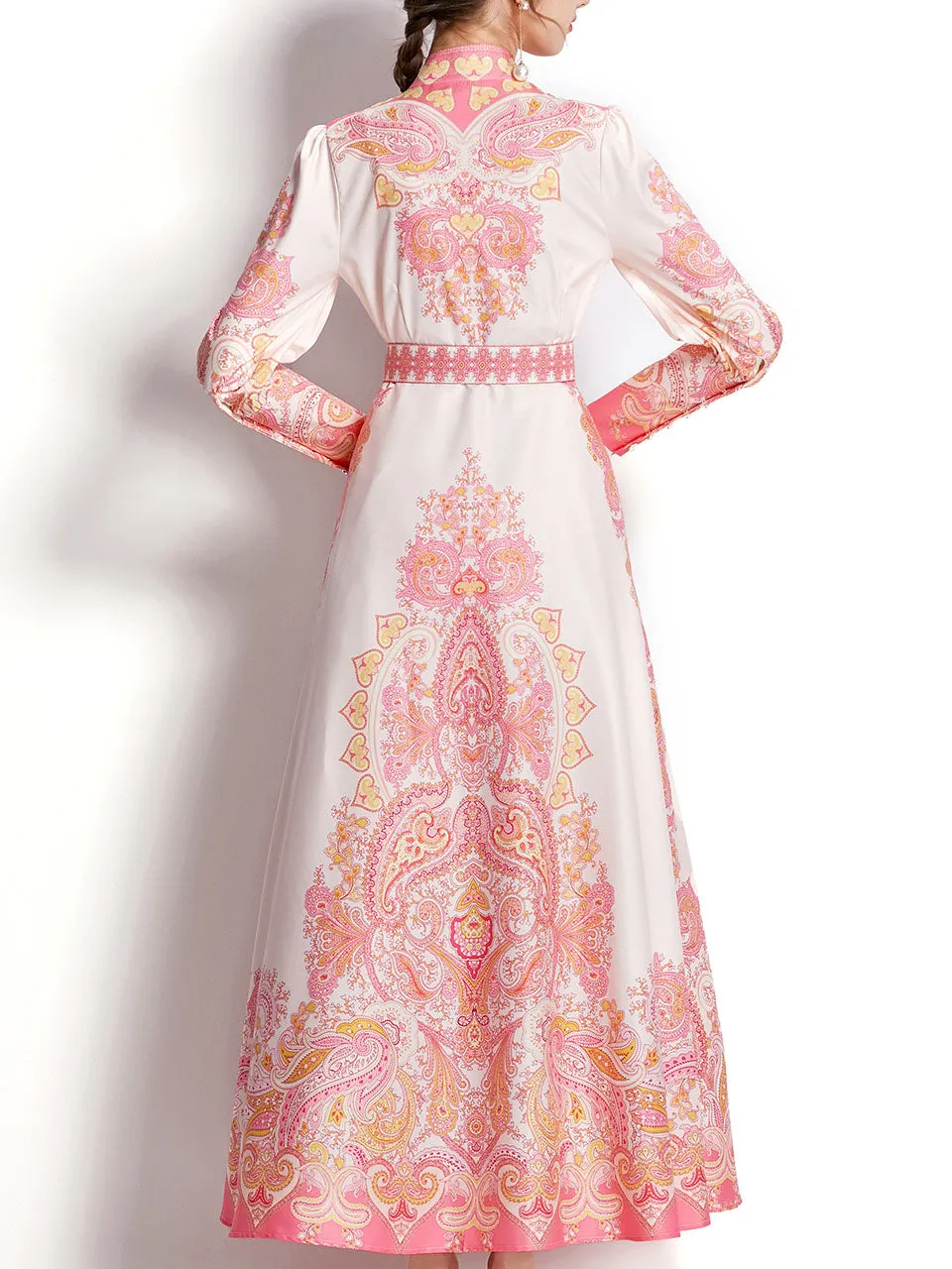 Pink Flower High Neck Floral Print Lantern Sleeve Bohemian Dress Maxi Dress