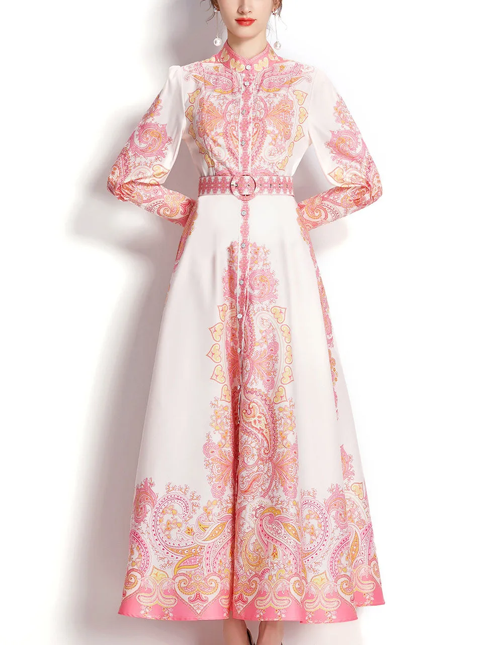 Pink Flower High Neck Floral Print Lantern Sleeve Bohemian Dress Maxi Dress