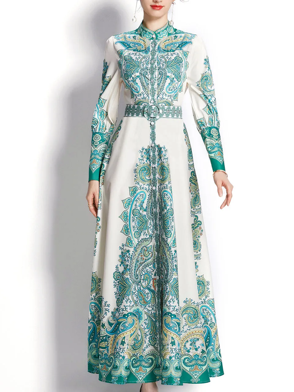 Pink Flower High Neck Floral Print Lantern Sleeve Bohemian Dress Maxi Dress