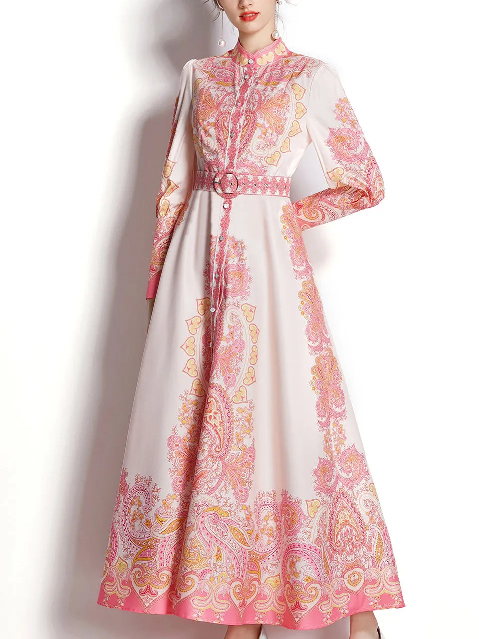 Pink Flower High Neck Floral Print Lantern Sleeve Bohemian Dress Maxi Dress