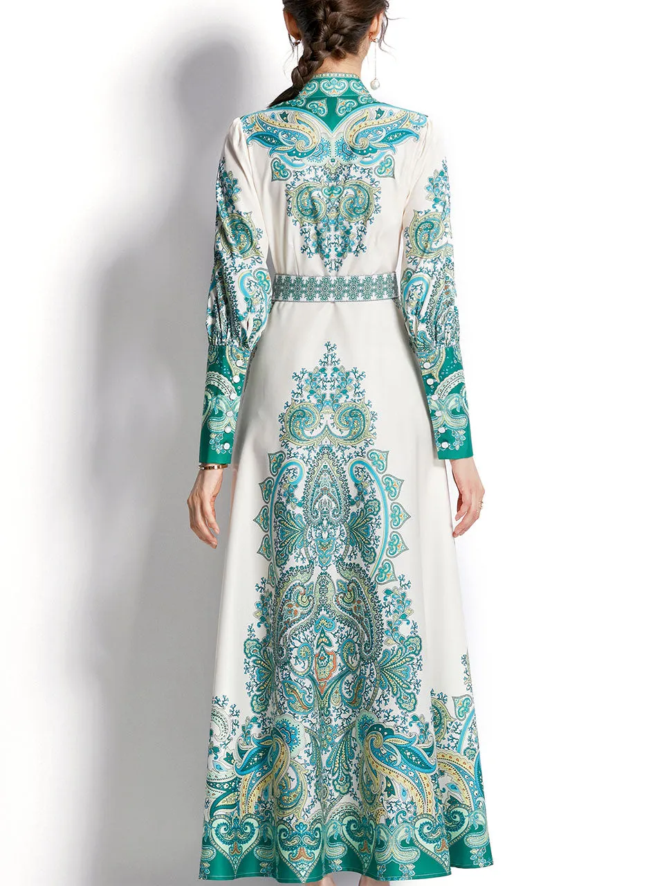 Pink Flower High Neck Floral Print Lantern Sleeve Bohemian Dress Maxi Dress