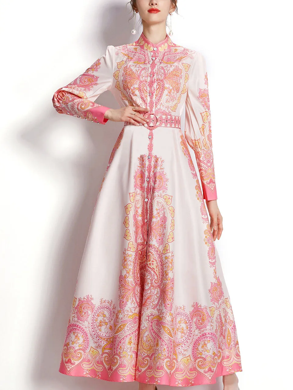 Pink Flower High Neck Floral Print Lantern Sleeve Bohemian Dress Maxi Dress